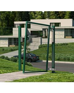 The Locinox EXCENTRO 180 Hinge Set installed on a green steel gate