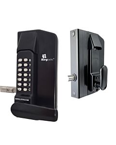 Black BORGBL3410ECP Mechanical Code Lock with silver keypad buttons and black Holdback Paddle Handle