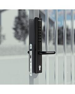 The Vera Battery-Powered Code Lock (Single Sided) installed on a silver gate