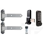 Product collage featuring a mechanical code lock, stainless steel gate hinges, and Locinox gate stop